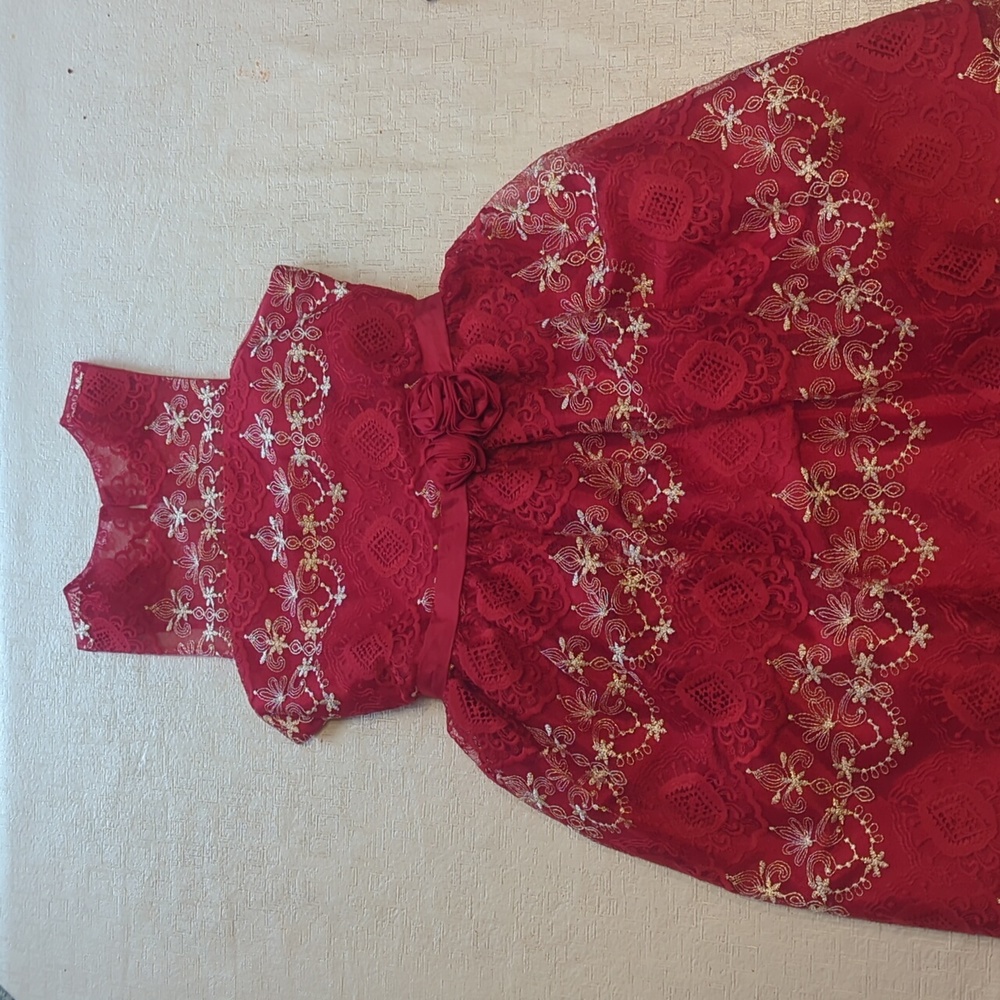 Dress Special Occasion Bonnie Jean Girls 14 Red Lace W/ Gold Embroidery